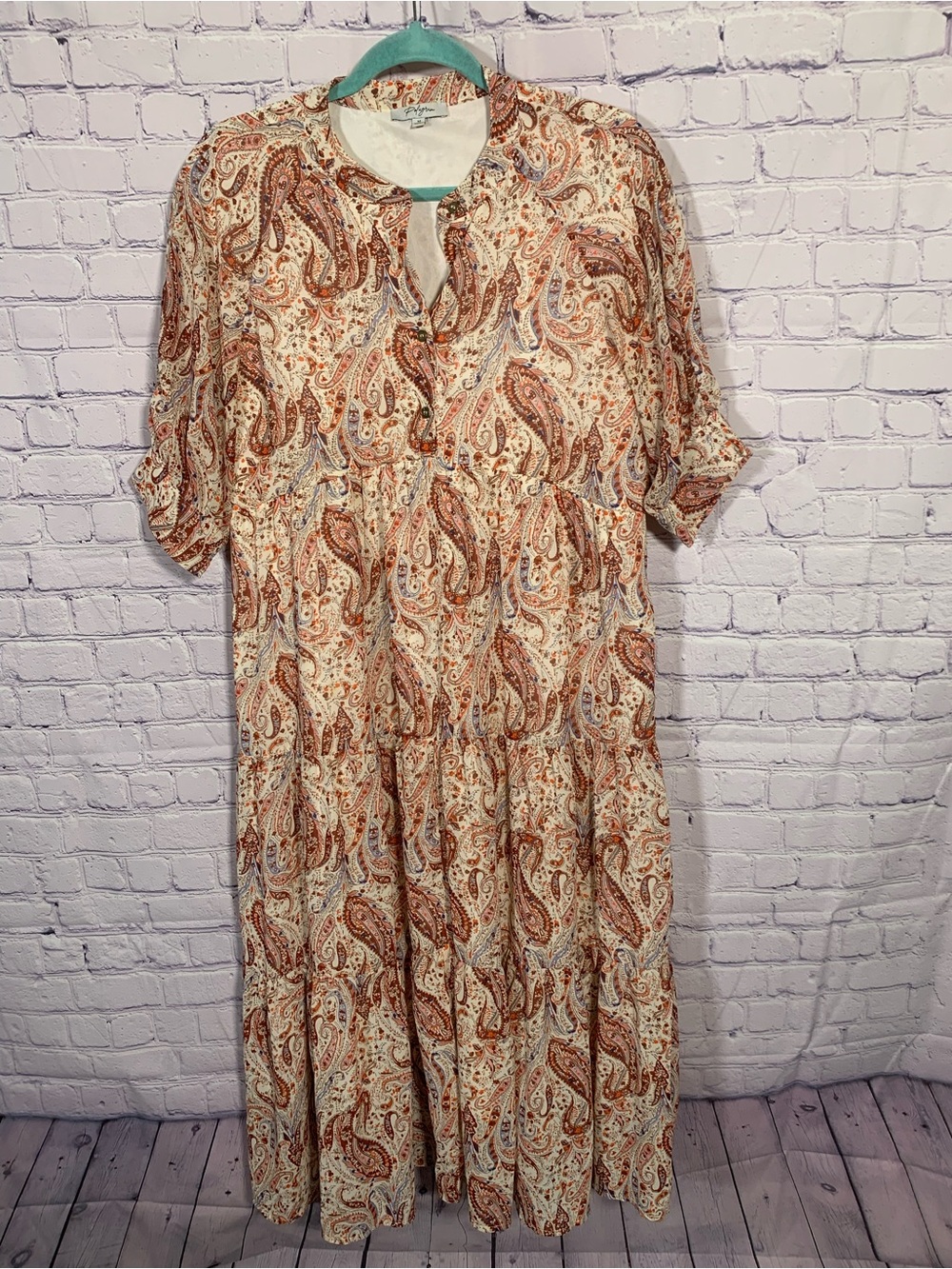Polagram Womens Paisley Tiered Short Sleeve Midi Dress Brown Size M Cottagecore
